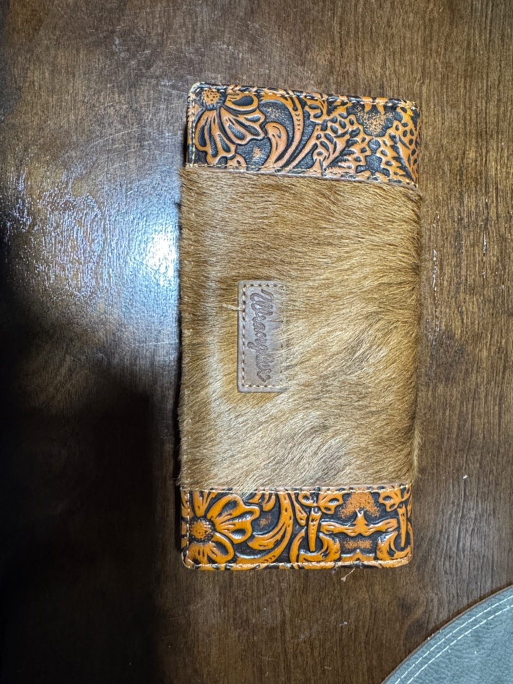 Wrangler Brown Hair-on Hide Wallet with Tooled Orange-Brown Leather Accents
